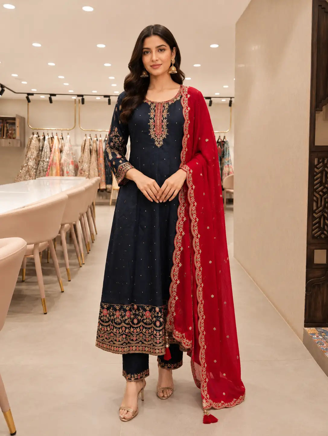 Navy Blue Embroidered Kurta Set with Red Dupatta